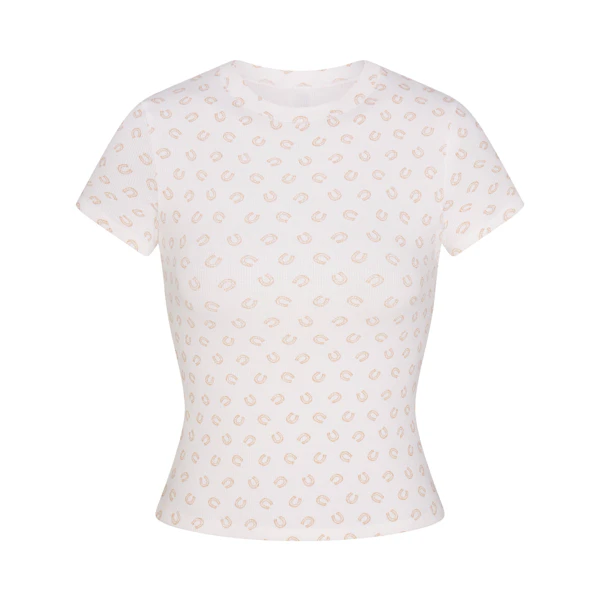 COTTON RIB T-SHIRT | OCHRE HORSESHOE PRINT FLAT ON A WHITE BACKGROUND | FLT