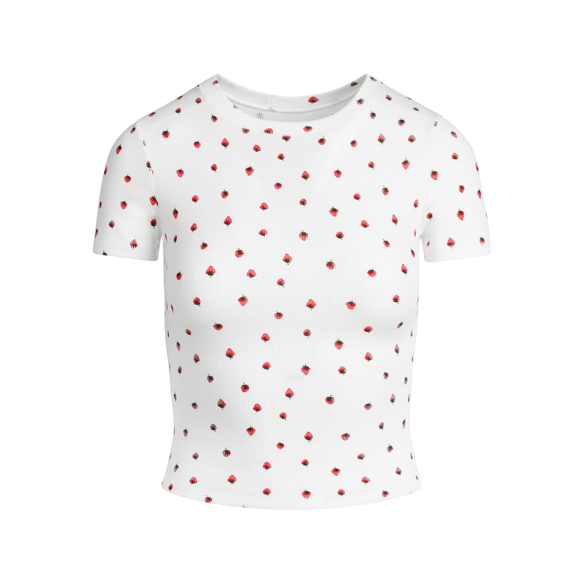 COTTON RIB T-SHIRT | SNOW STRAWBERRY PRINT FLAT ON A WHITE BACKGROUND | FLT