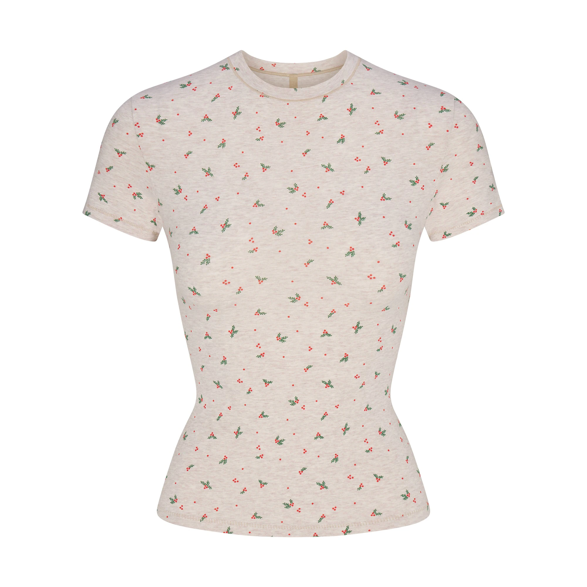 COTTON JERSEY T-SHIRT | OATMEAL HEATHER HOLLY PRINT FLAT ON A WHITE BACKGROUND | FLT