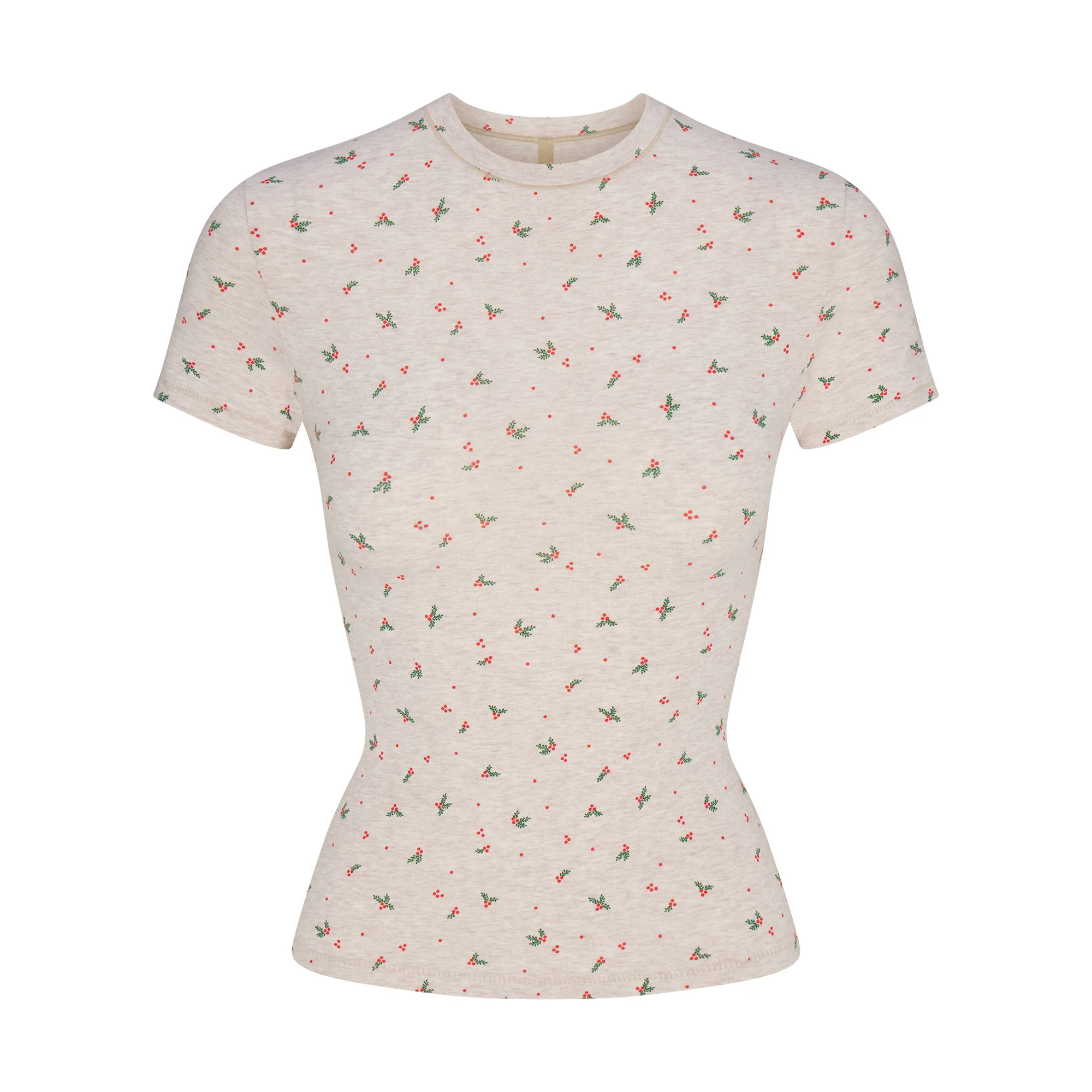 COTTON JERSEY T-SHIRT | OATMEAL HEATHER HOLLY PRINT FLAT ON A WHITE BACKGROUND | FLT
