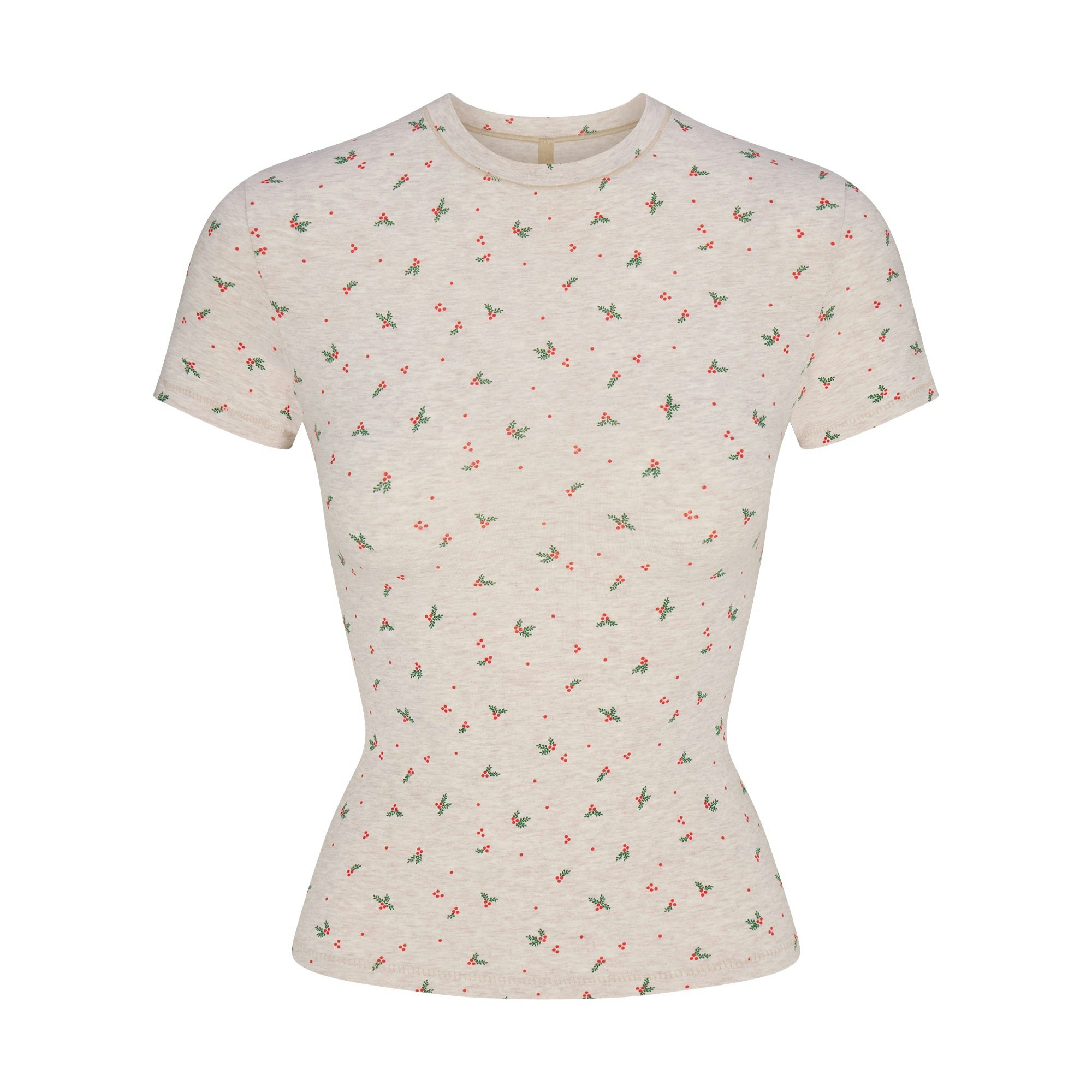 COTTON JERSEY T-SHIRT | OATMEAL HEATHER HOLLY PRINT FLAT ON A WHITE BACKGROUND | FLT