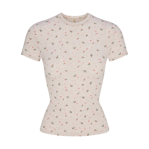 COTTON JERSEY T-SHIRT | OATMEAL HEATHER HOLLY PRINT FLAT ON A WHITE BACKGROUND | FLT