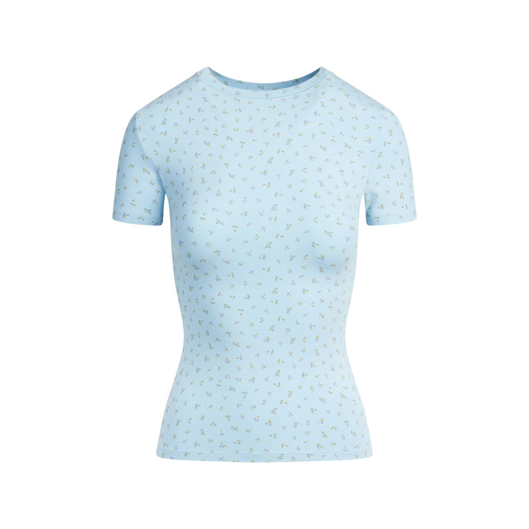 COTTON JERSEY T-SHIRT | POWDER BLUE MICRO FLORAL FLAT ON A WHITE BACKGROUND | FLT