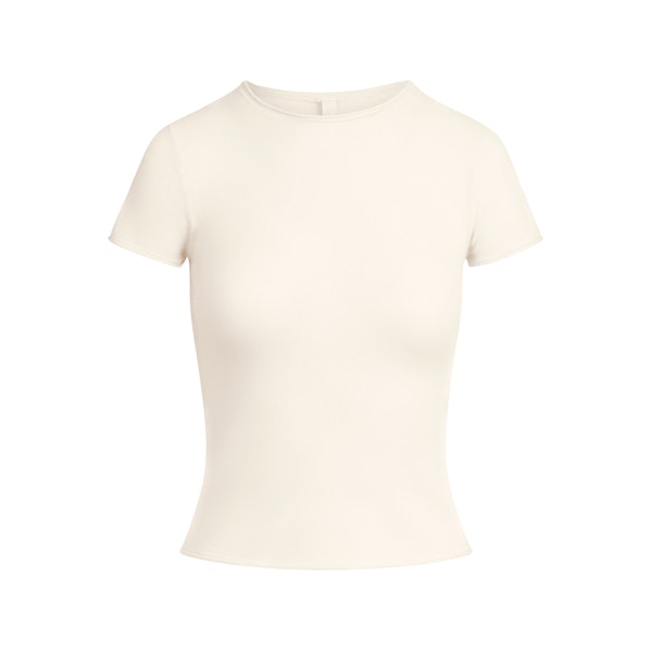 FEATHERWEIGHT CASHMERE T-SHIRT | EGRET FLAT ON A WHITE BACKGROUND | FLT