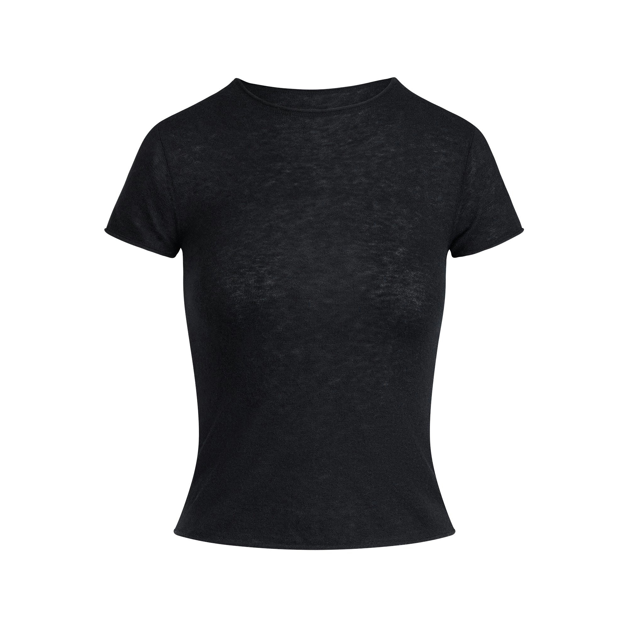 FEATHERWEIGHT CASHMERE T-SHIRT | ONYX FLAT ON A WHITE BACKGROUND | FLT