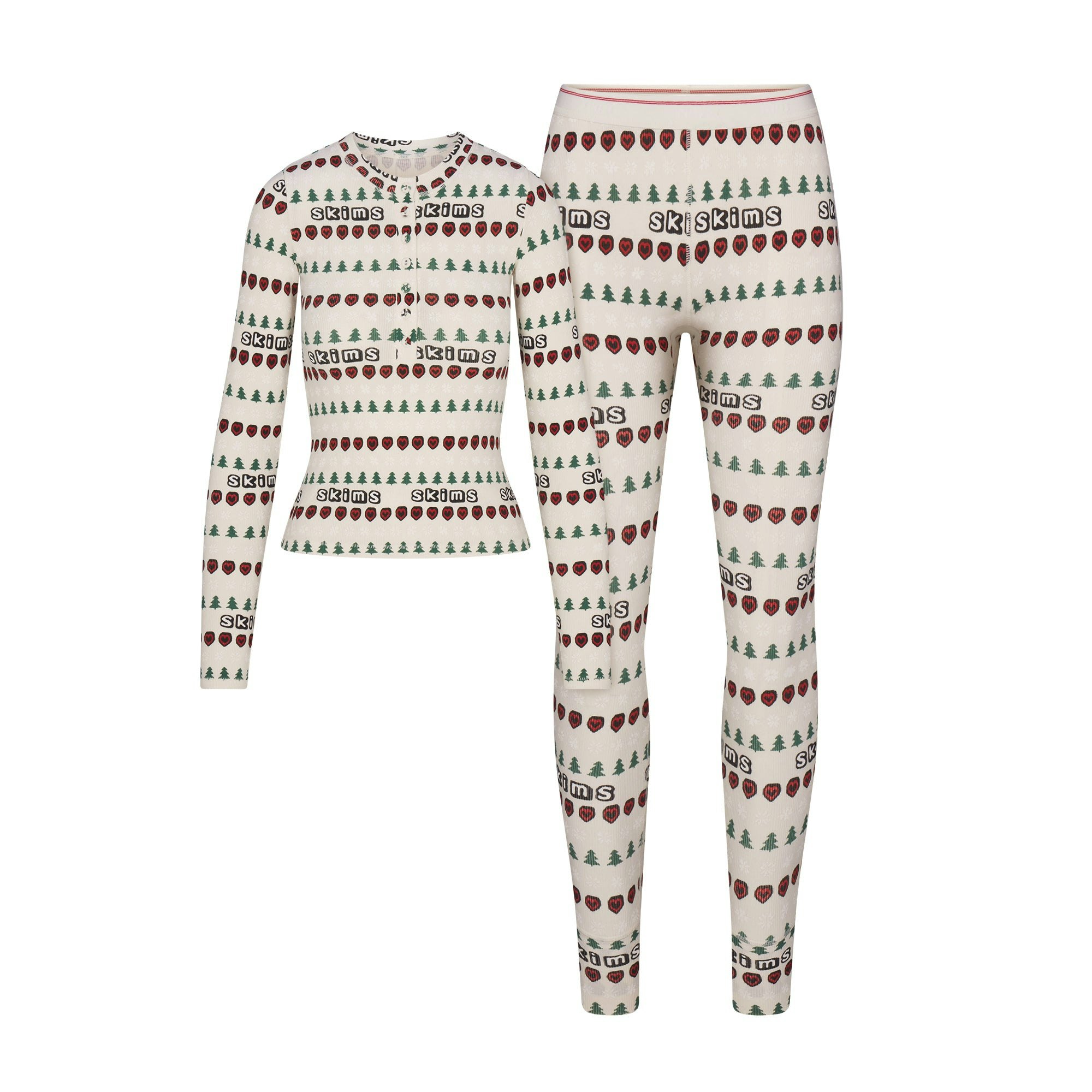 CACTUS PLANT FLEA MARKET X SKIMS COTTON RIB HENLEY AND LEGGING SET | MARBLE PINE FAIR ISLE FLAT ON A WHITE BACKGROUND | FLT
