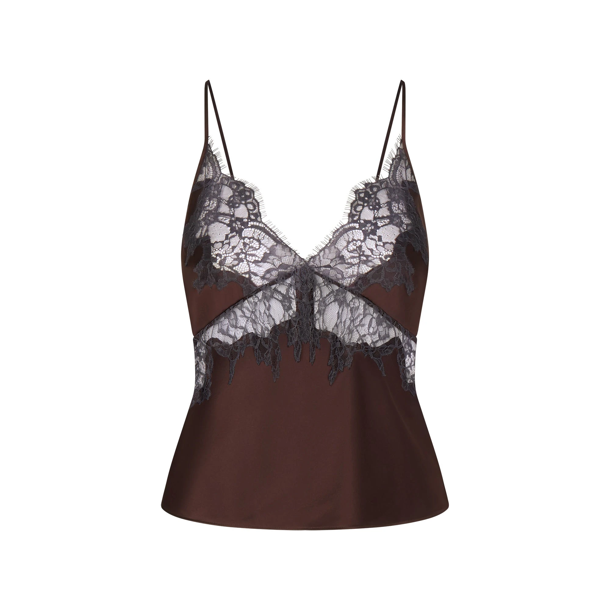 SILK LACE CAMI | ESPRESSO CONTRAST FLAT ON A WHITE BACKGROUND | FLT