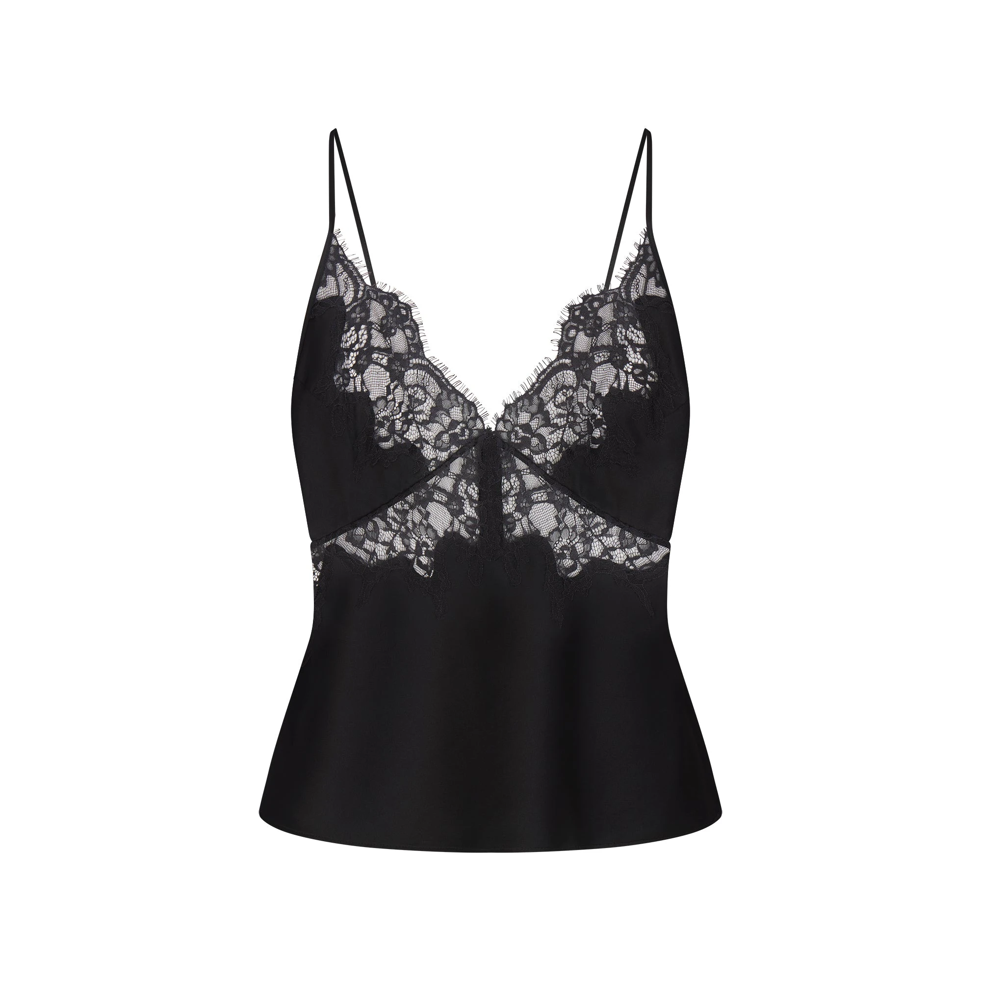 SILK LACE CAMI | ONYX FLAT ON A WHITE BACKGROUND | FLT