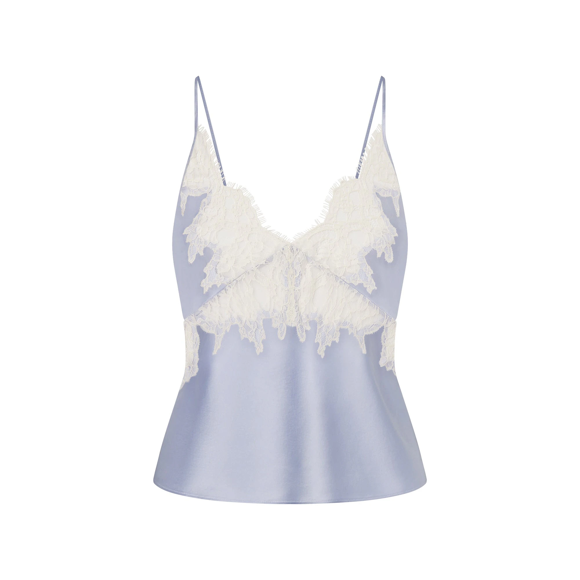 SILK LACE CAMI | PERIWINKLE CONTRAST FLAT ON A WHITE BACKGROUND | FLT