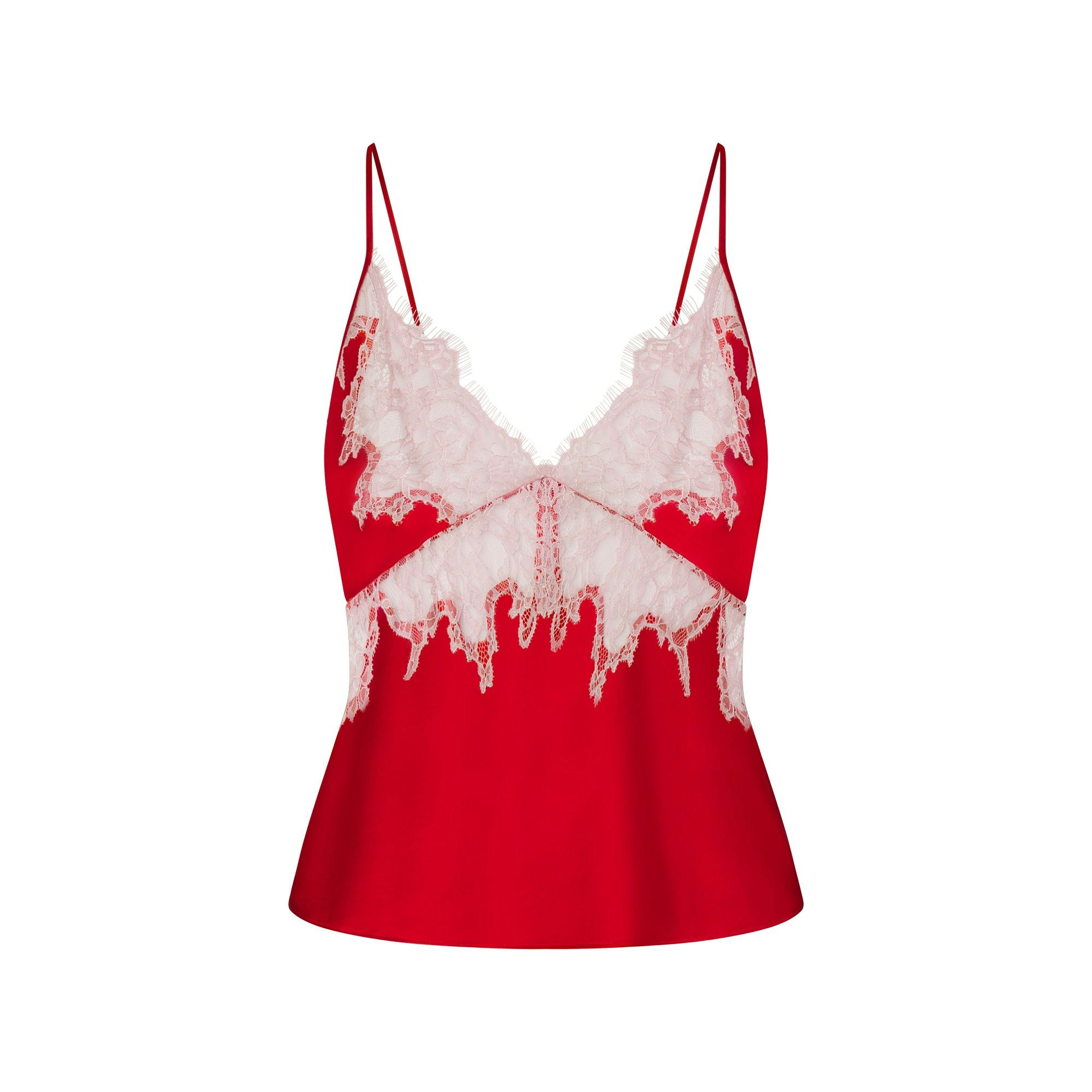 SILK LACE CAMI | RUBY CONTRAST FLAT ON A WHITE BACKGROUND | FLT