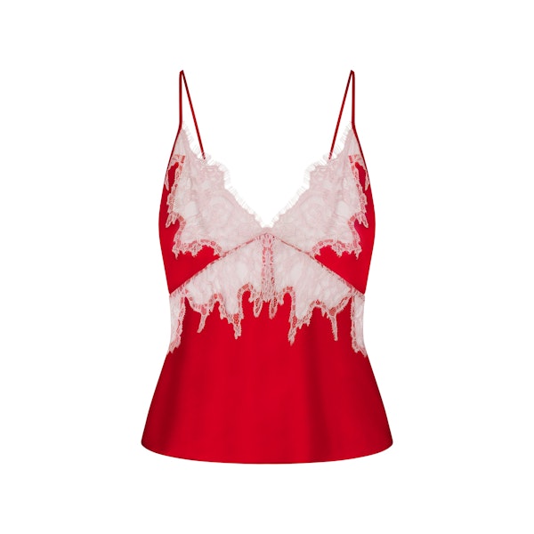 SILK LACE CAMI | RUBY CONTRAST FLAT ON A WHITE BACKGROUND | FLT