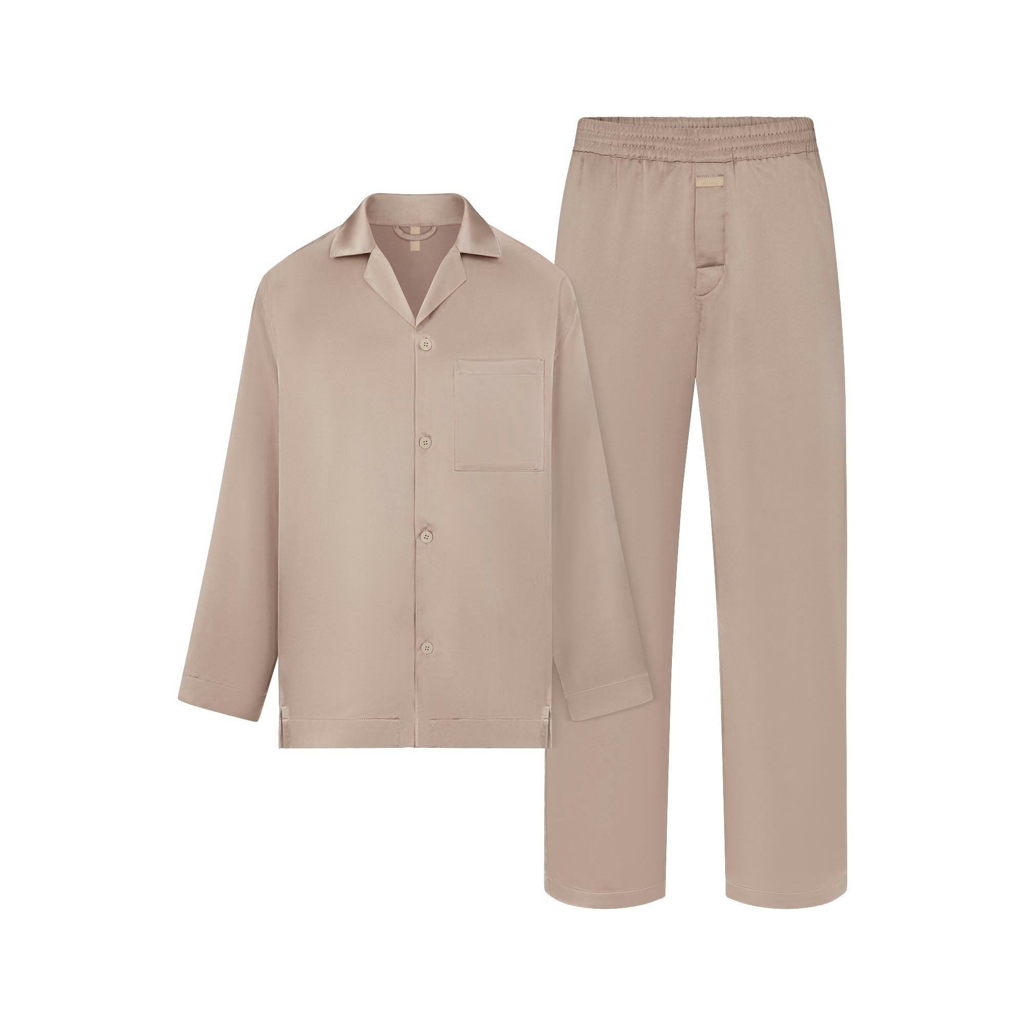 SATEEN SLEEP MENS LONG SLEEP SET | LATTE LAYS FLAT ON A WHITE BACKGROUND | FLT 