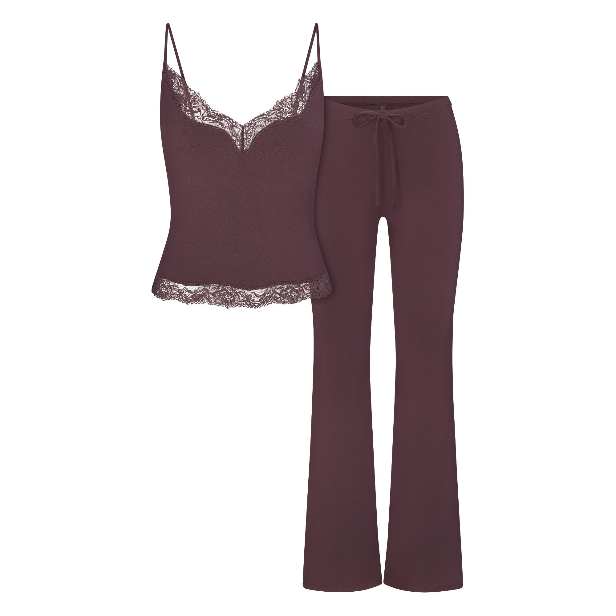 SKIMS SLEEP LACE CAMI AND PANT SET | RAISIN FLAT ON A WHITE BACKGROUND | FLT