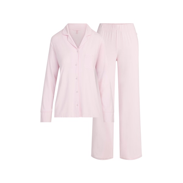 SKIMS SLEEP LONG SLEEVE BUTTON UP SET | BLOOM FLAT ON A WHITE BACKGROUND | FLT