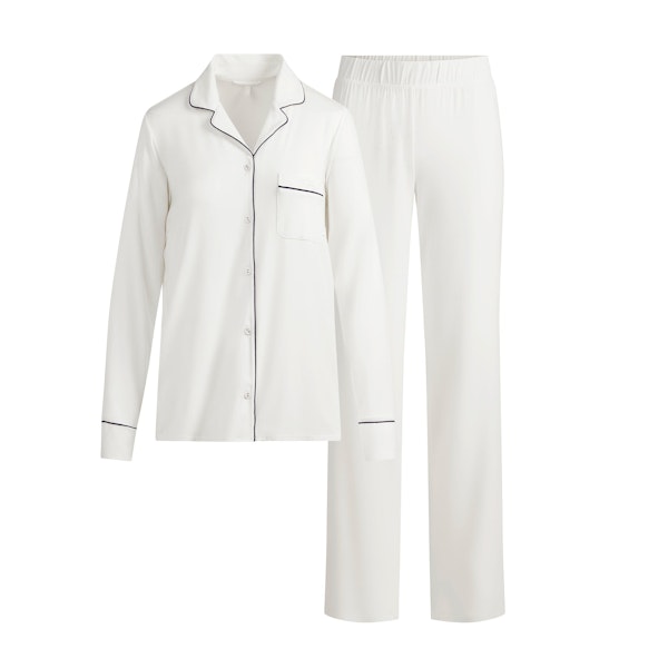 SKIMS SLEEP LONG SLEEVE BUTTON UP SET | MARBLE CONTRAST FLAT ON A WHITE BACKGROUND | FLT