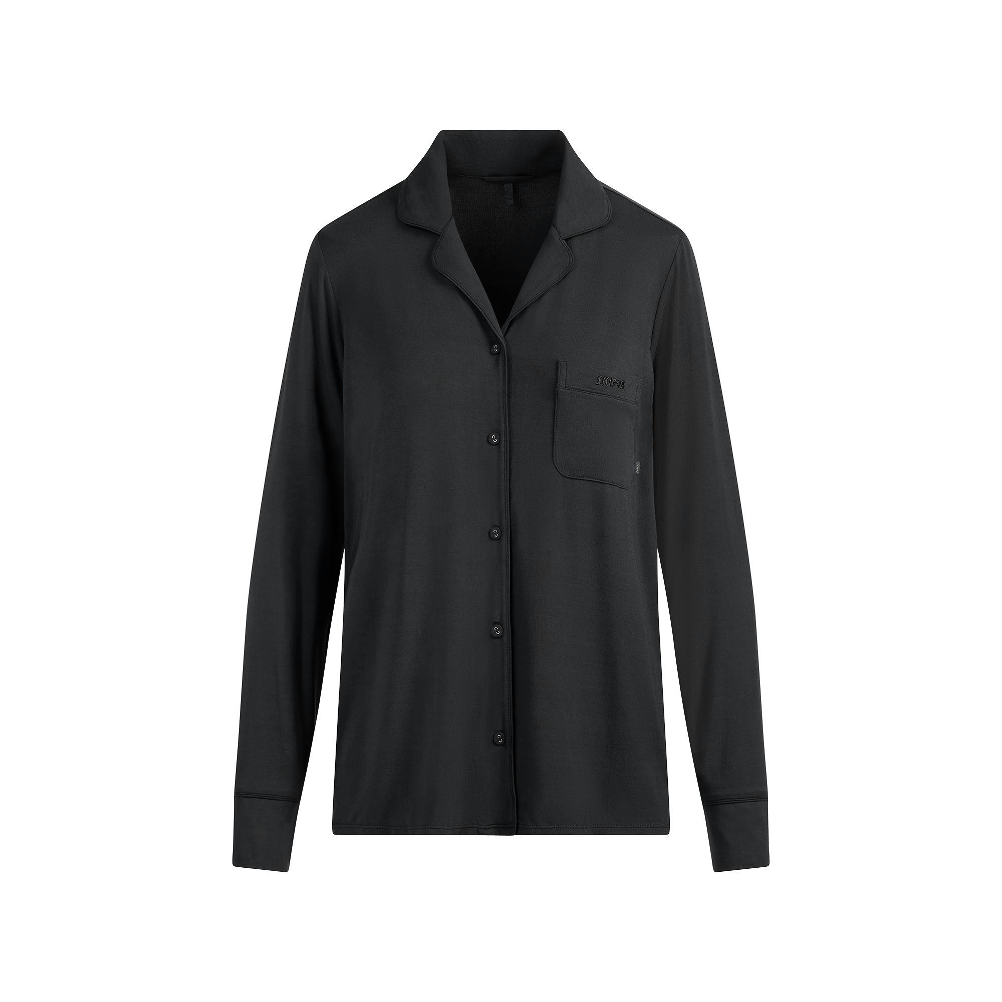 SKIMS SLEEP LONG SLEEVE BUTTON UP SET | ONYX FLAT ON A WHITE BACKGROUND | FLT