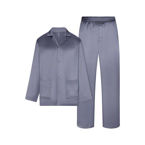 SATEEN SLEEP MENS LONG SLEEP SET | SLATE (MENS LONG SLEEVE T-SHIRTS, MENS BOTTOMS) LAYS FLAT ON A WHITE BACKGROUND