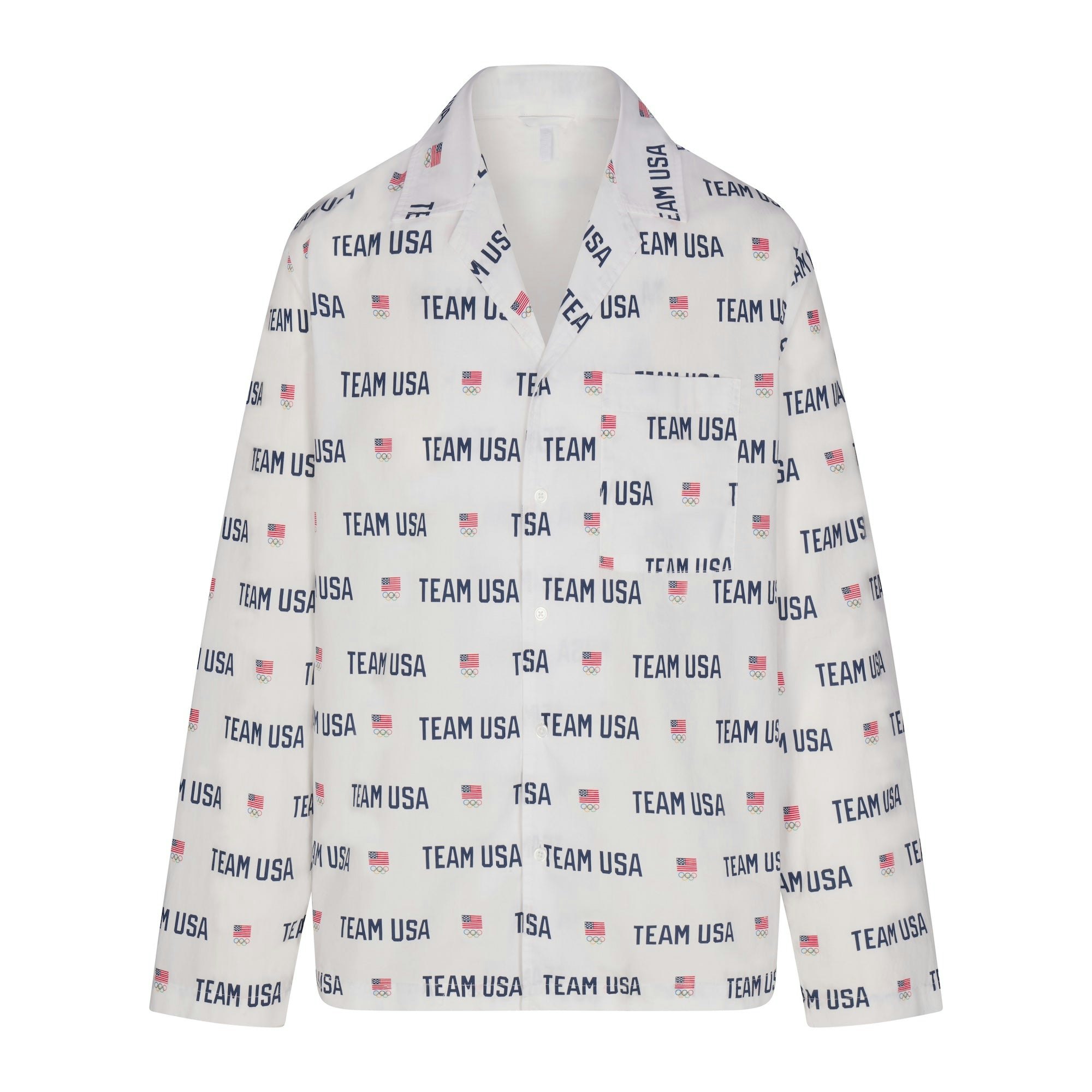 SKIMS FOR TEAM USA COTTON POPLIN SLEEP OLYMPIC LONG SET | WHITE FLAT ON A WHITE BACKGROUND | FLT