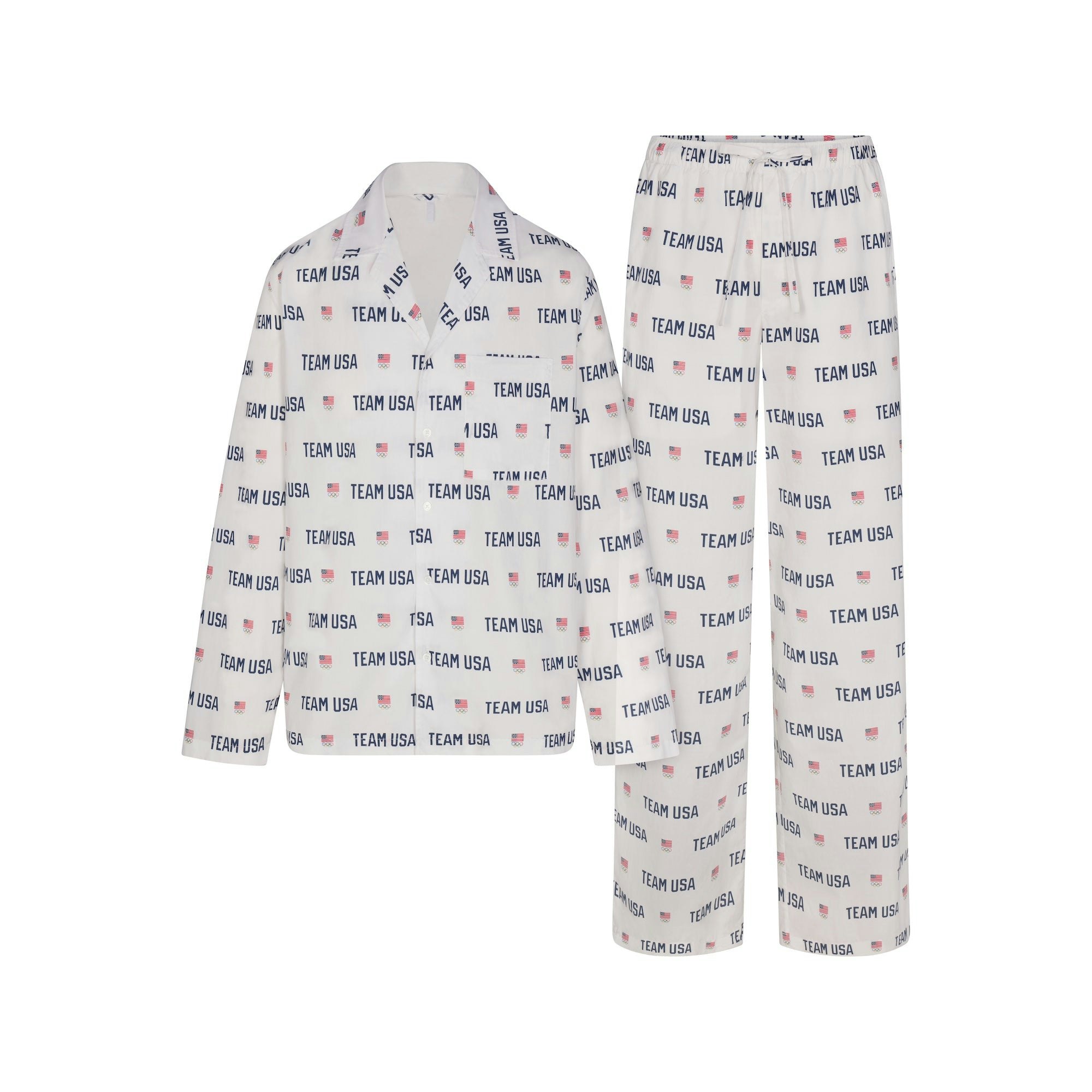 SKIMS FOR TEAM USA COTTON POPLIN SLEEP OLYMPIC LONG SET | WHITE (PANTS, BOTTOMS) FLAT ON A WHITE BACKGROUND | FLT