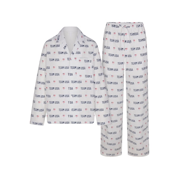 SKIMS FOR TEAM USA COTTON POPLIN SLEEP PARALYMPIC LONG SET | WHITE (PANTS, BOTTOMS) FLAT ON A WHITE BACKGROUND | FLT