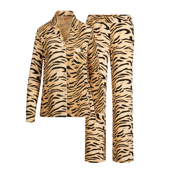 SKIMS SLEEP LONG SLEEVE BUTTON UP SET | BRONZE TIGER PRINT FLAT ON A WHITE BACKGROUND | FLT