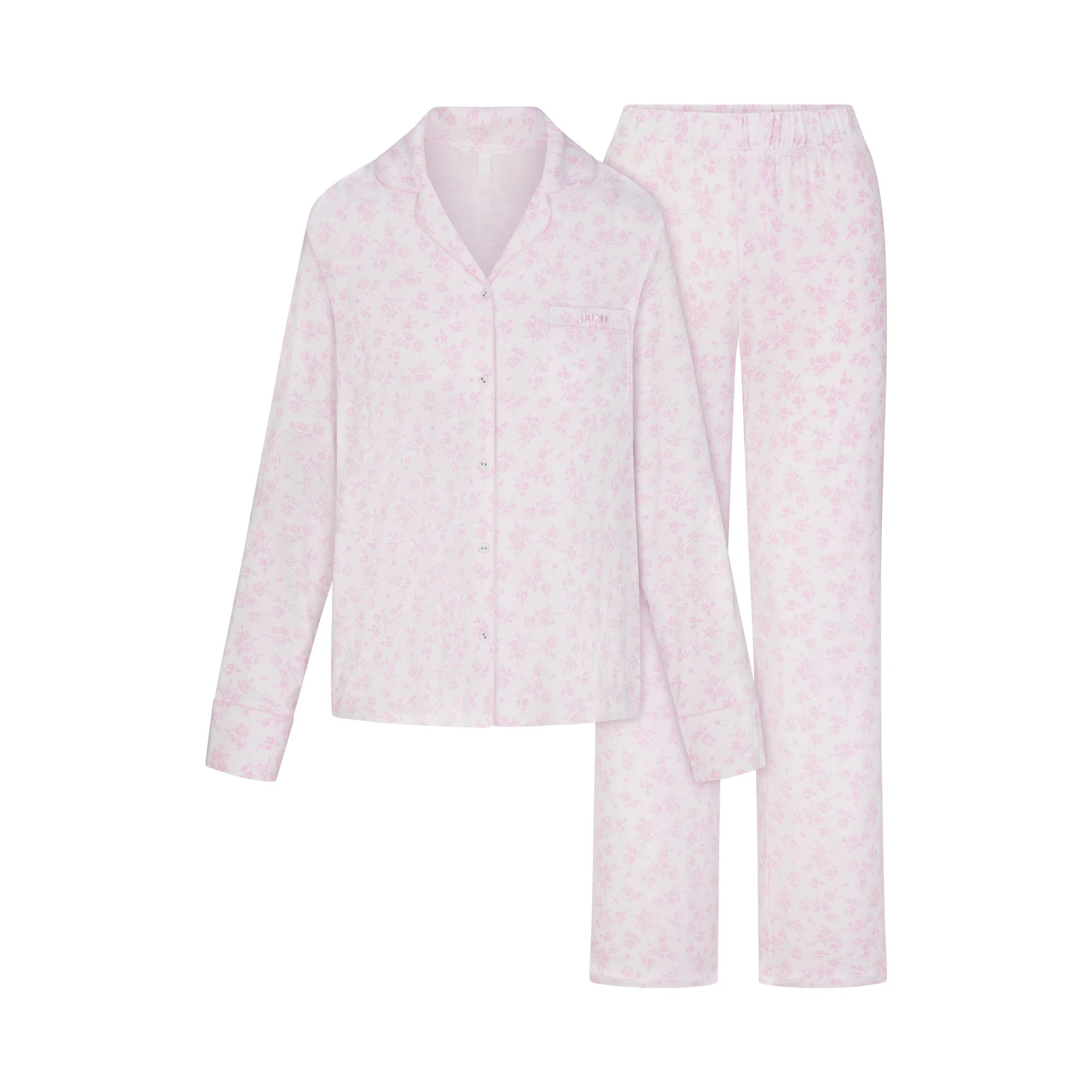 SKIMS SLEEP LONG SLEEVE BUTTON UP SET | SNOW DELICATE FLORAL PRINT FLAT ON A WHITE BACKGROUND | FLT
