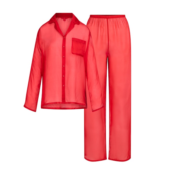 SKIMS ROMANCE BUTTON UP SHIRT AND PANT SET | CRANBERRY FLAT ON A WHITE BACKGROUND | FLT