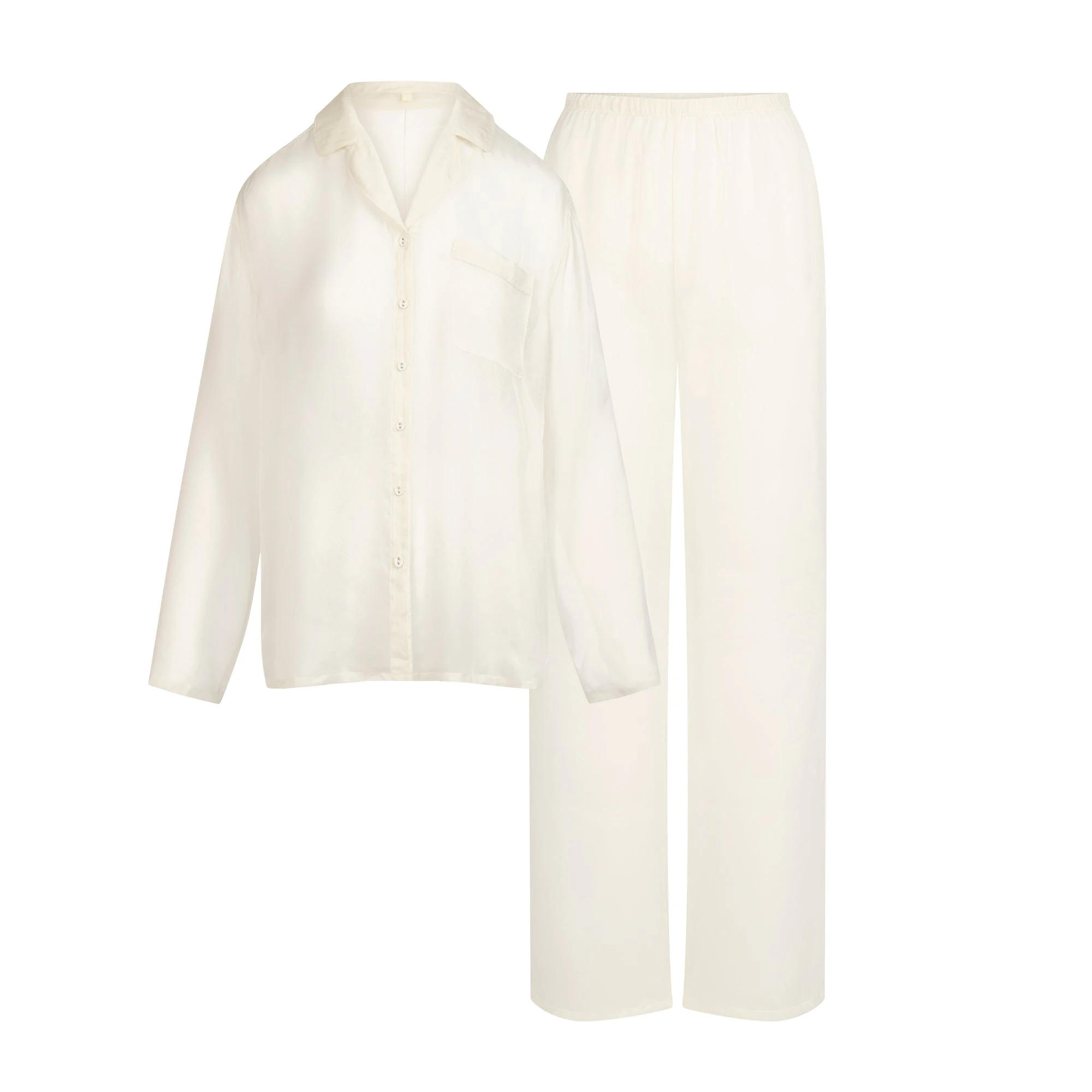 SKIMS ROMANCE BUTTON UP SHIRT AND PANT SET | ECRU FLAT ON A WHITE BACKGROUND | FLT