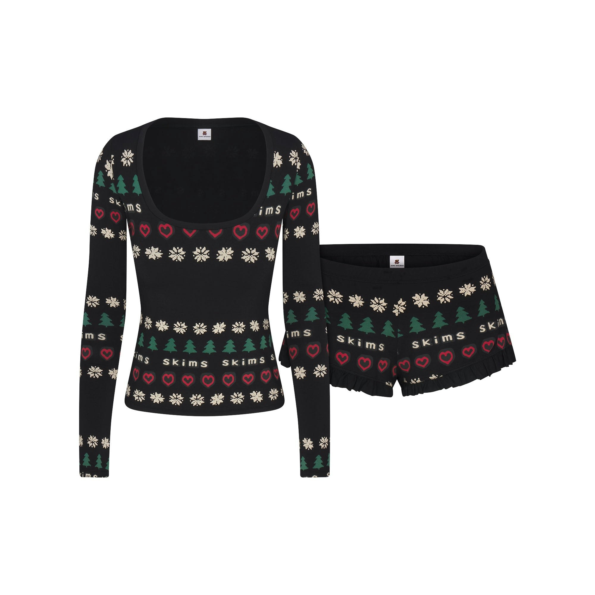 CACTUS PLANT FLEA MARKET X SKIMS SKIMS SLEEP SCOOP NECK SET | ONYX PINE FAIR ISLE FLAT ON A WHITE BACKGROUND | FLT