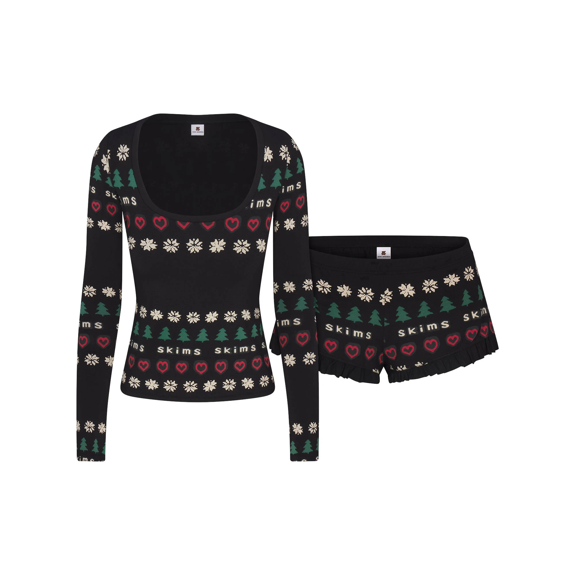 CACTUS PLANT FLEA MARKET X SKIMS SKIMS SLEEP SCOOP NECK SET | ONYX PINE FAIR ISLE FLAT ON A WHITE BACKGROUND | FLT