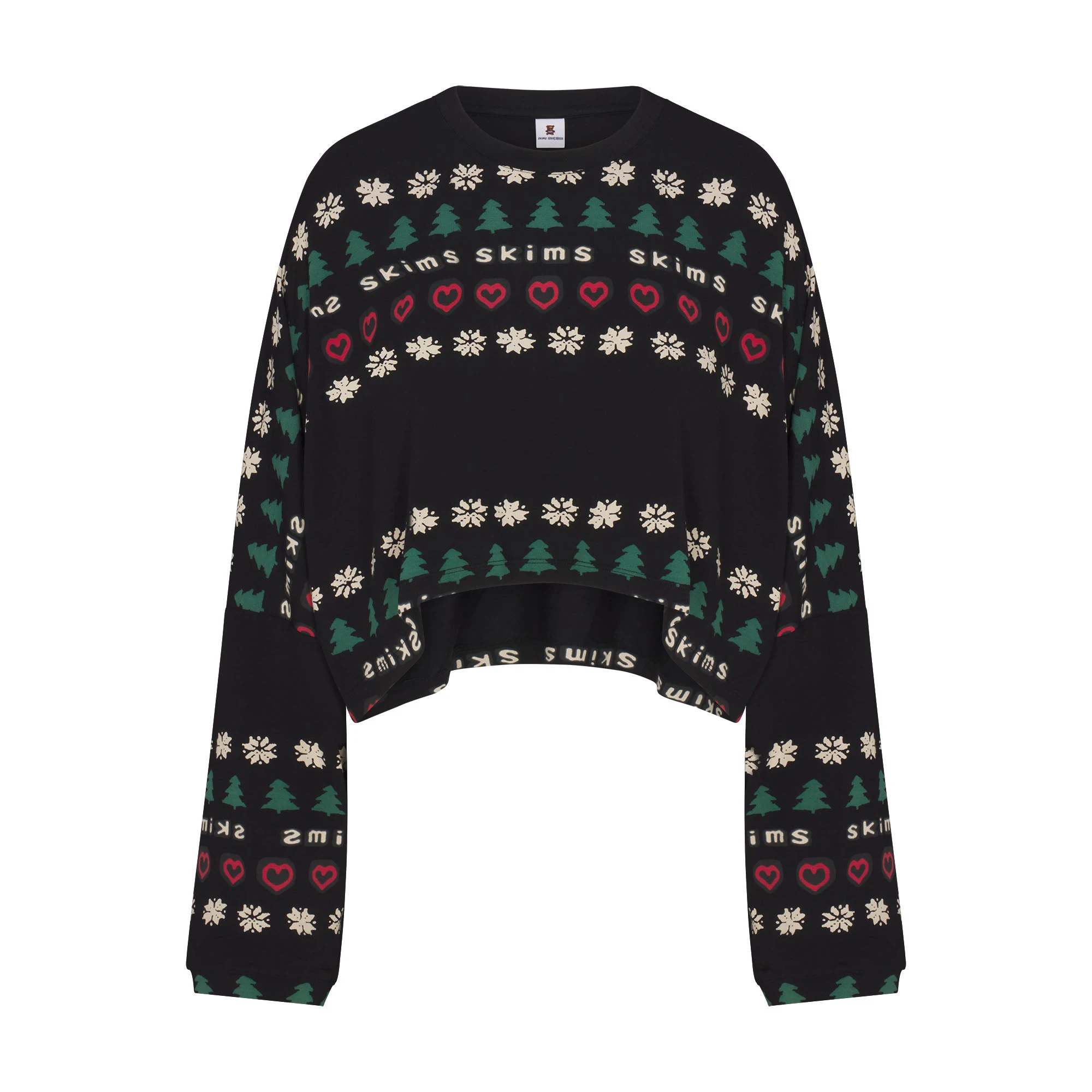 CACTUS PLANT FLEA MARKET X SKIMS SKIMS SLEEP CROPPED LONG SLEEVE AND PANT SET | ONYX PINE FAIR ISLE FLAT ON A WHITE BACKGROUND