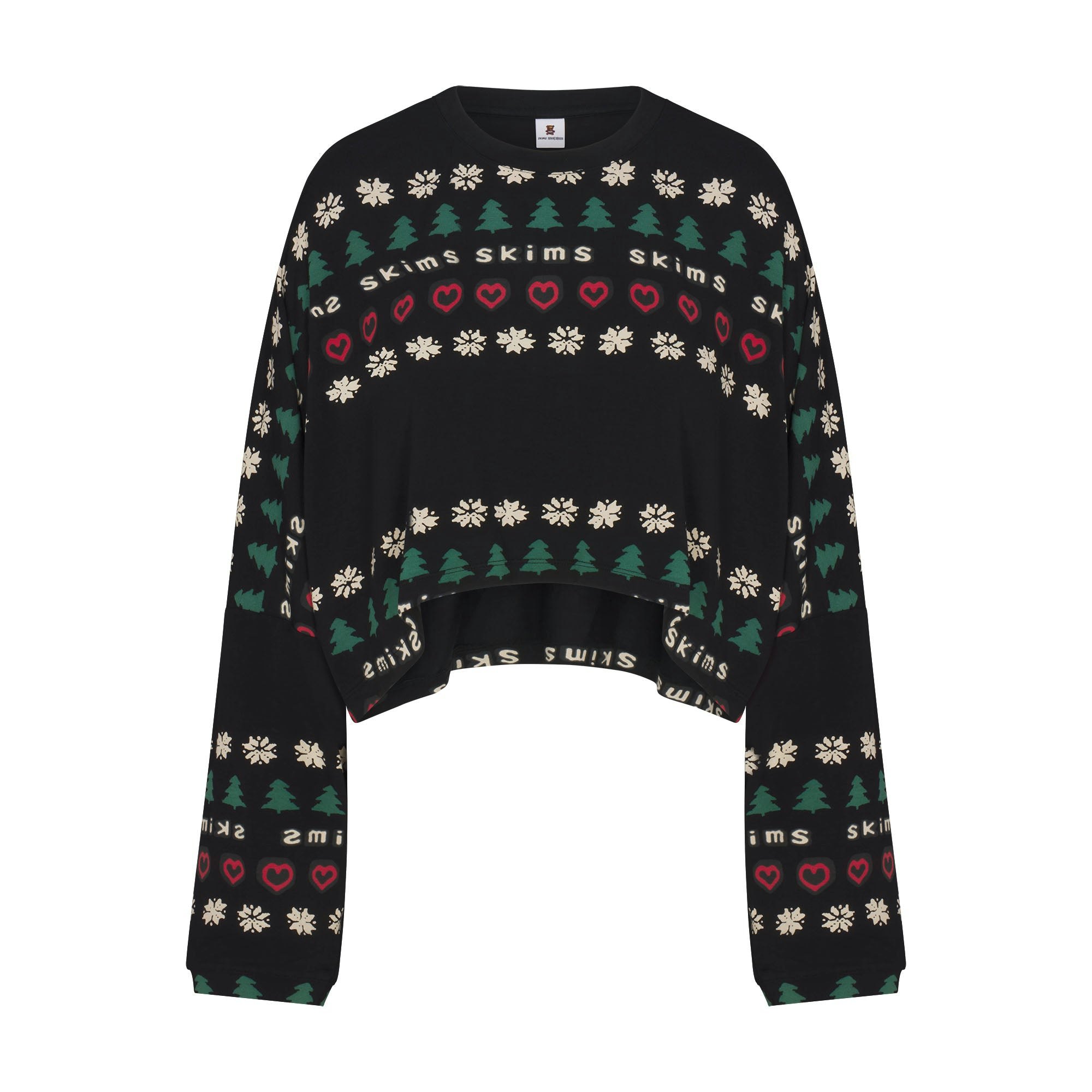 CACTUS PLANT FLEA MARKET X SKIMS SKIMS SLEEP CROPPED LONG SLEEVE AND PANT SET | ONYX PINE FAIR ISLE FLAT ON A WHITE BACKGROUND