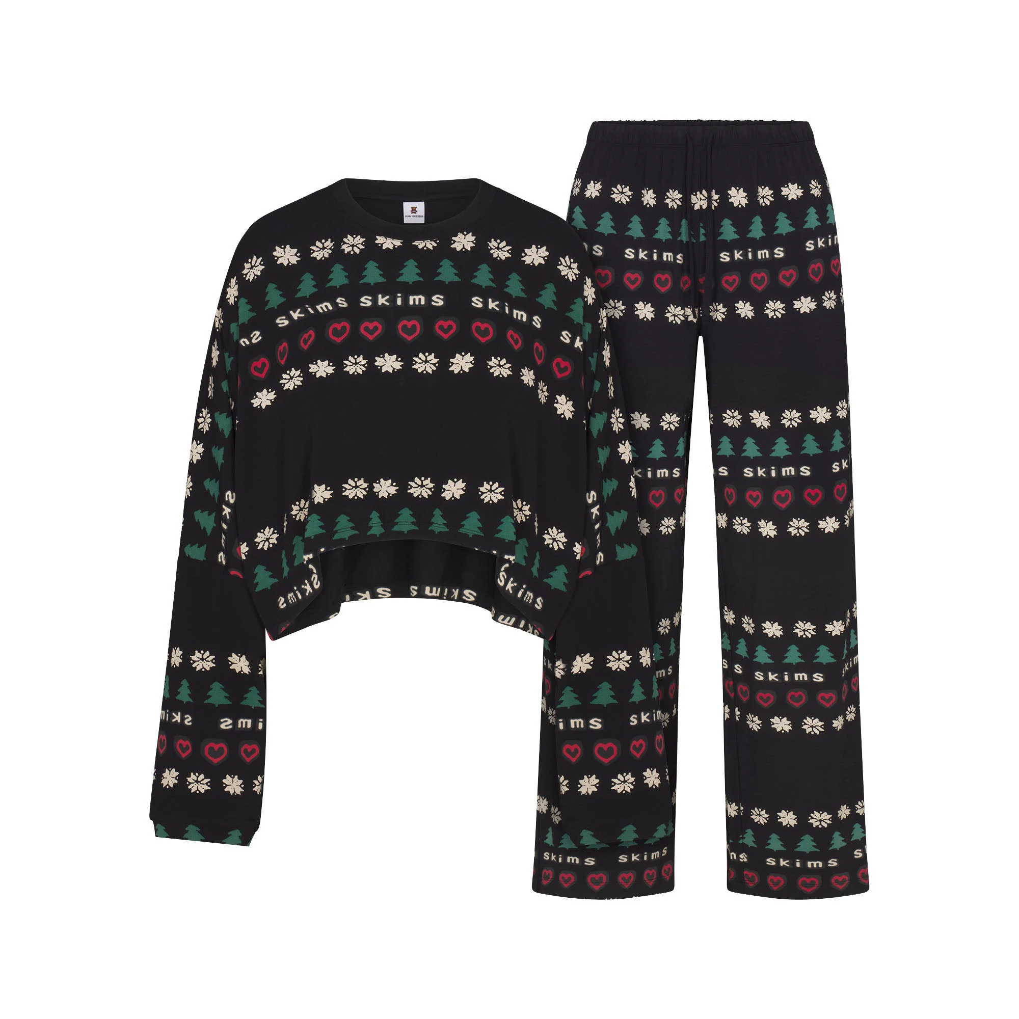 CACTUS PLANT FLEA MARKET X SKIMS SKIMS SLEEP CROPPED LONG SLEEVE AND PANT SET | ONYX PINE FAIR ISLE FLAT ON A WHITE BACKGROUND | FLT