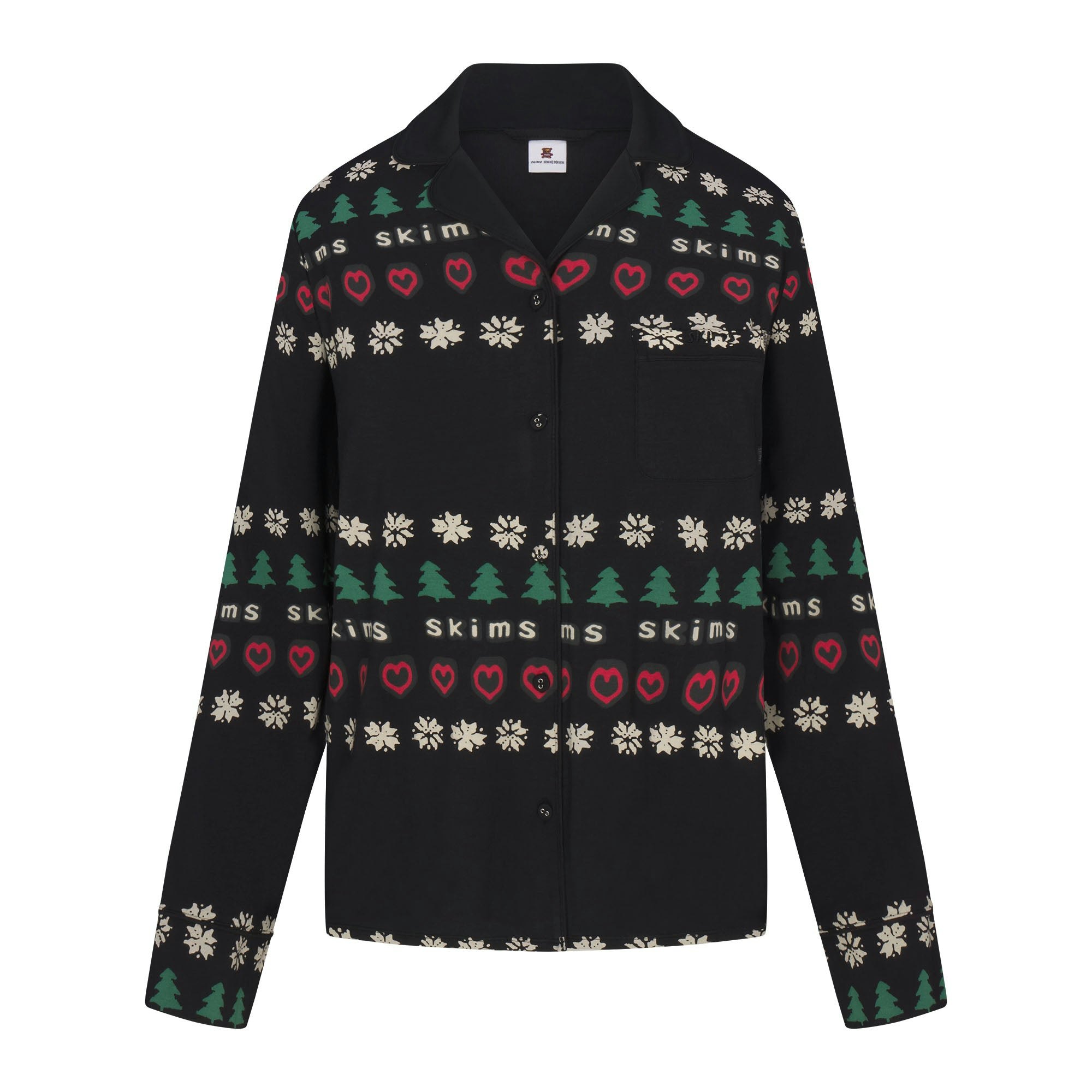 CACTUS PLANT FLEA MARKET X SKIMS SKIMS SLEEP LONG SLEEVE BUTTON UP SET | ONYX PINE FAIR ISLE FLAT ON A WHITE BACKGROUND