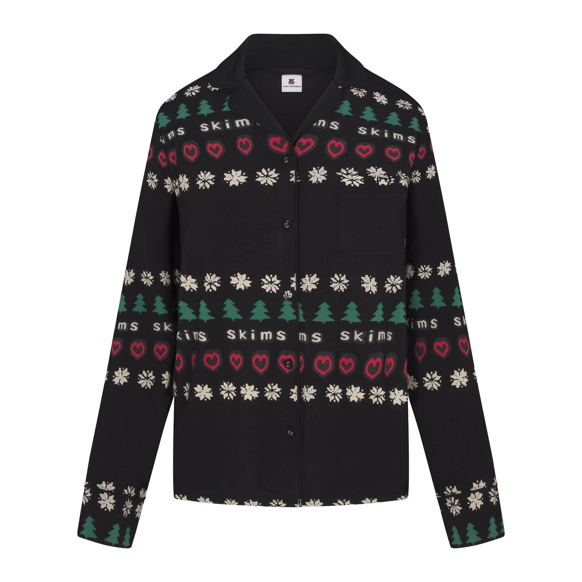 CACTUS PLANT FLEA MARKET X SKIMS SKIMS SLEEP LONG SLEEVE BUTTON UP SET | ONYX PINE FAIR ISLE FLAT ON A WHITE BACKGROUND