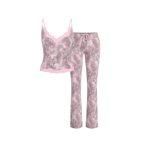 SKIMS SLEEP LACE CAMI AND PANT SET | BLOOM MINI MULTI ANIMAL FLAT ON A WHITE BACKGROUND | FLT