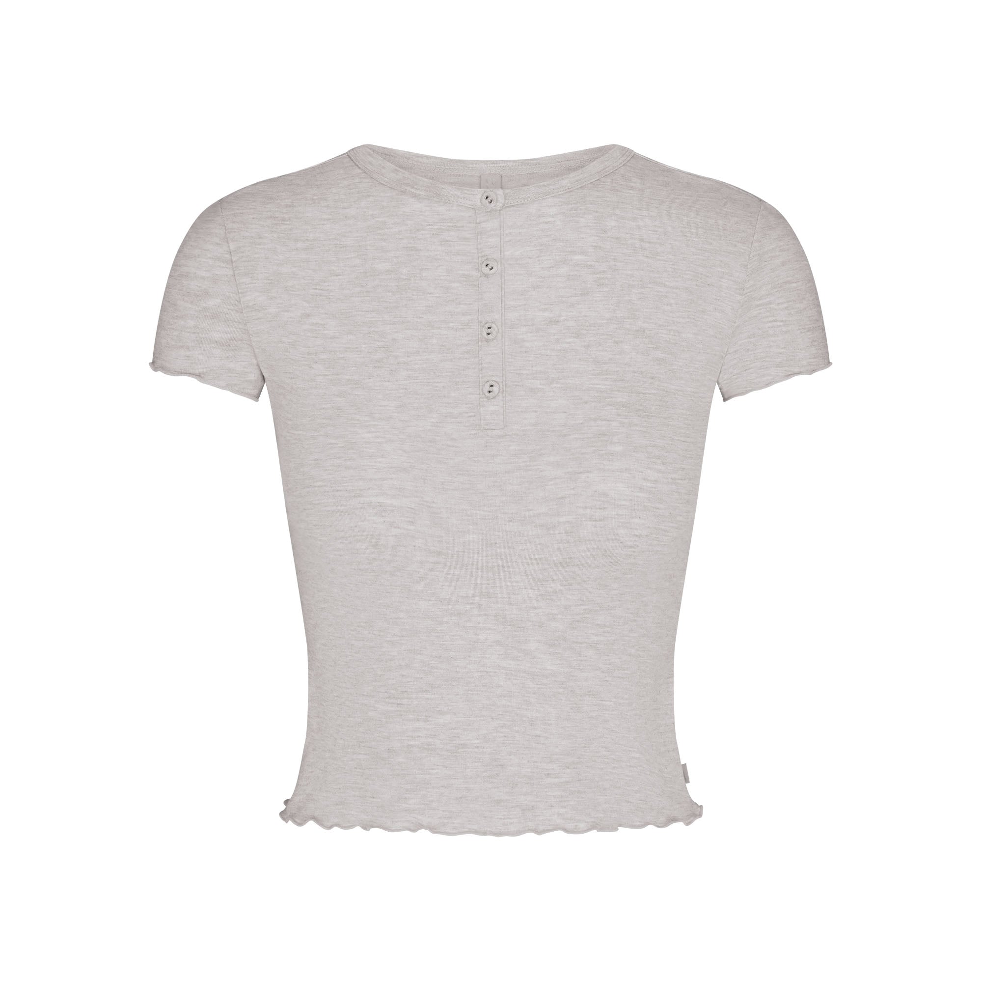 SKIMS SLEEP HENLEY AND FOLDOVER SHORT SET | LIGHT HEATHER GREY FLAT ON A WHITE BACKGROUND | FLT