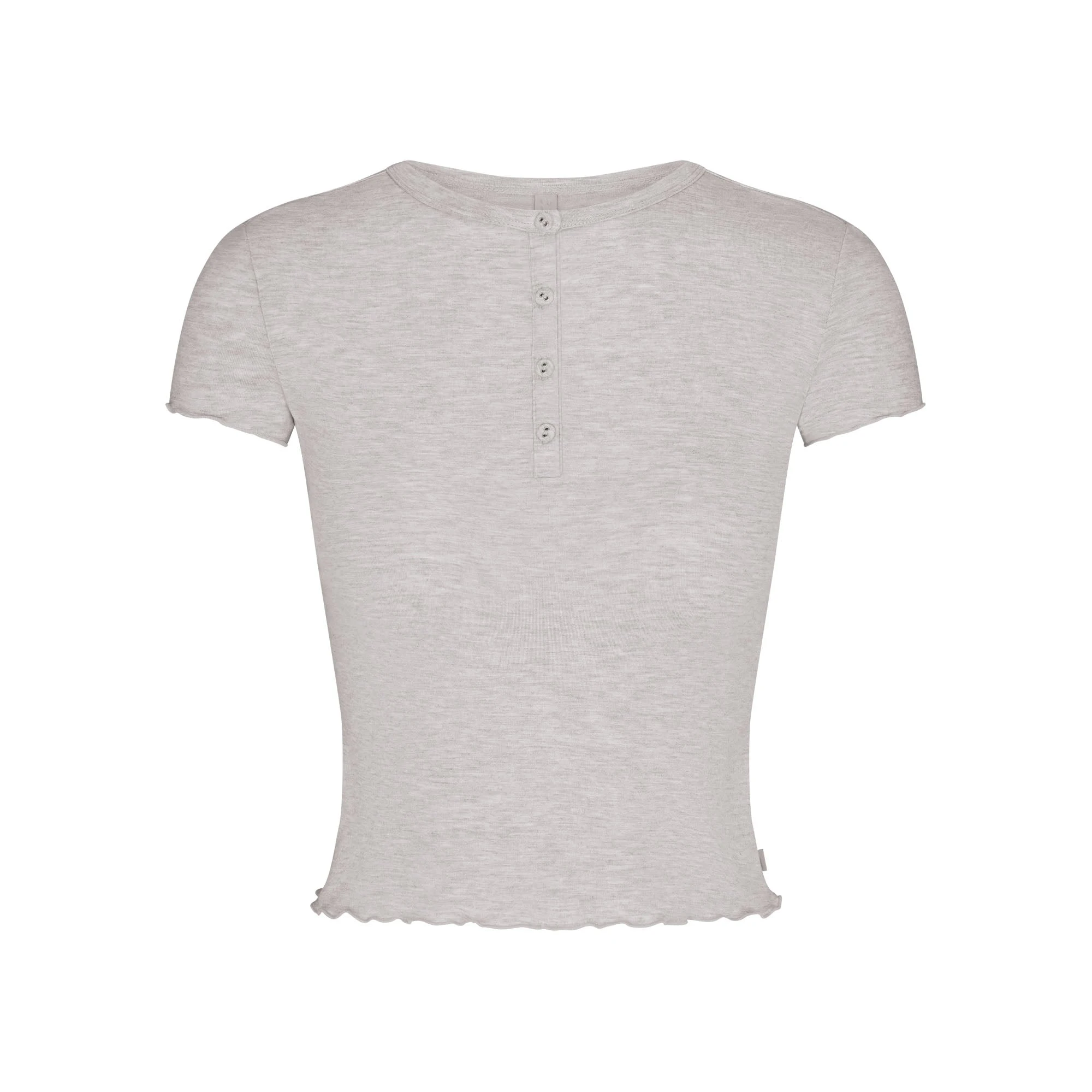 SKIMS SLEEP HENLEY AND FOLDOVER SHORT SET | LIGHT HEATHER GREY FLAT ON A WHITE BACKGROUND | FLT