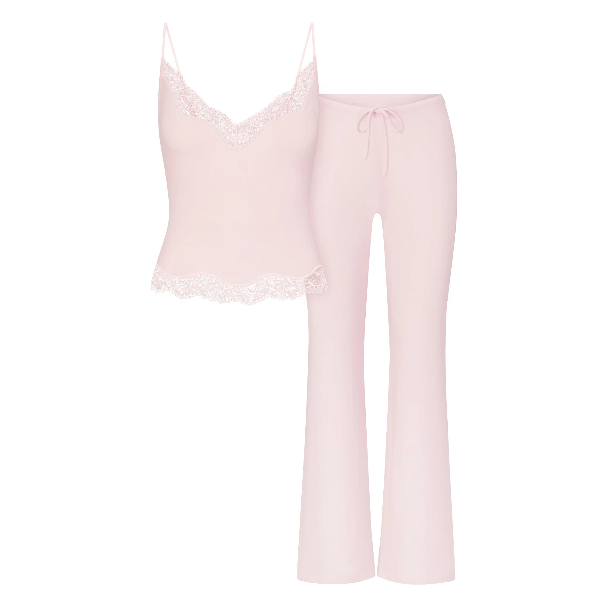 SKIMS SLEEP LACE CAMI AND PANT SET | BARELY PINK FLAT ON A WHITE BACKGROUND | FLT