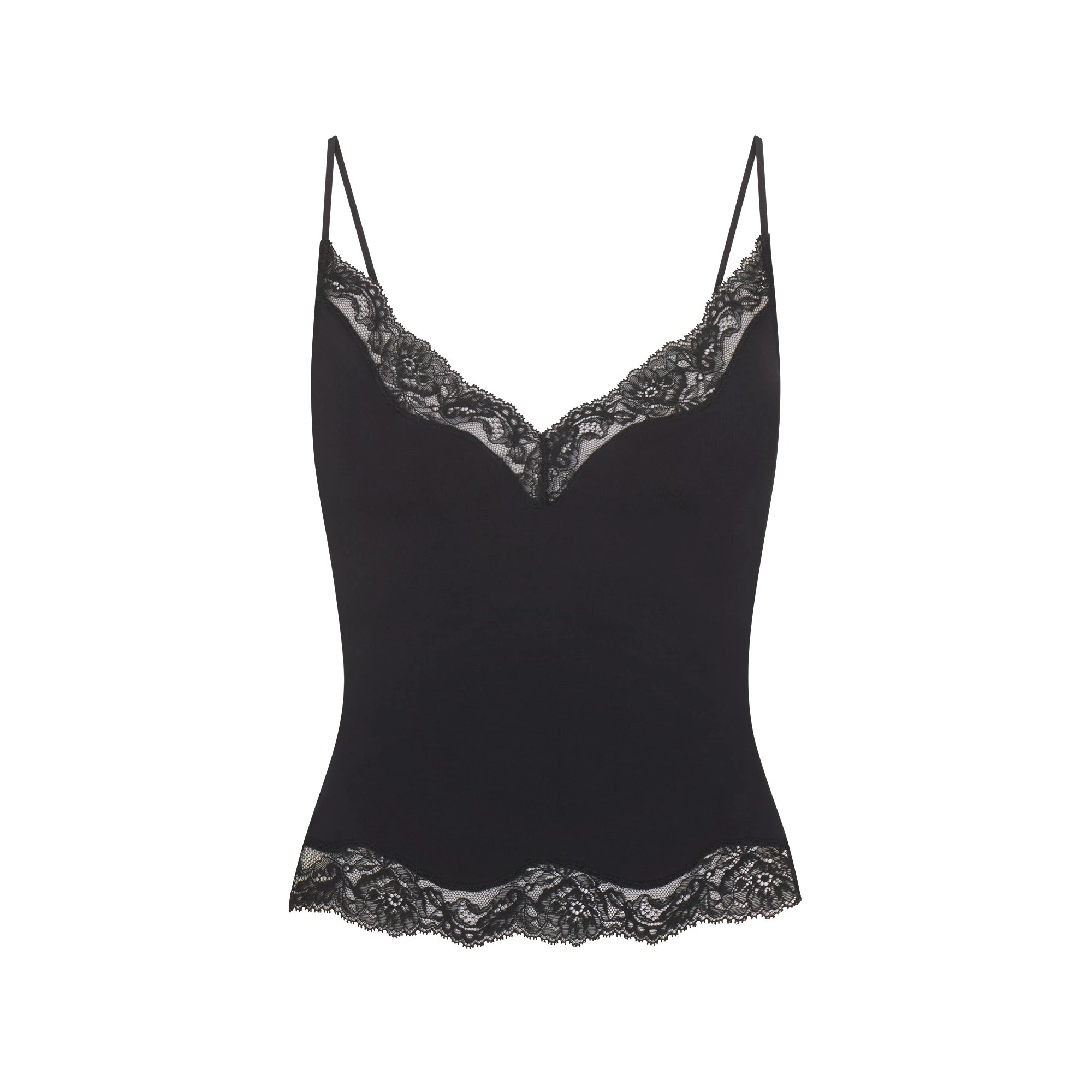 SKIMS SLEEP LACE CAMI AND PANT SET | ONYX FLAT ON A WHITE BACKGROUND | FLT