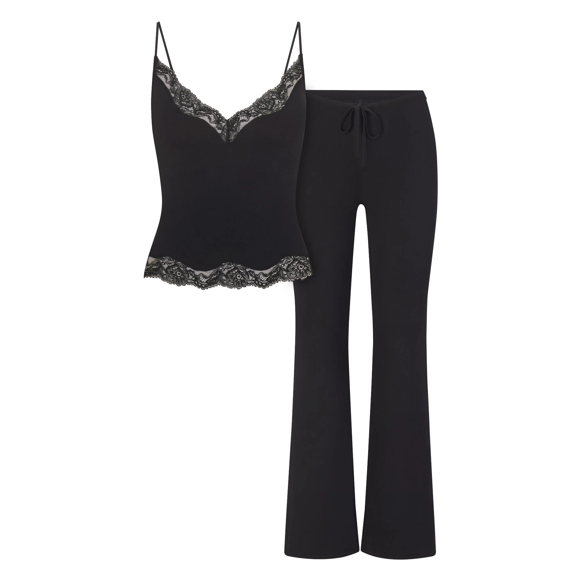 SKIMS SLEEP LACE CAMI AND PANT SET | ONYX FLAT ON A WHITE BACKGROUND | FLT
