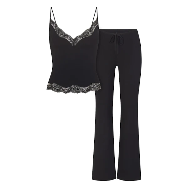 SKIMS SLEEP LACE CAMI AND PANT SET | ONYX FLAT ON A WHITE BACKGROUND | FLT