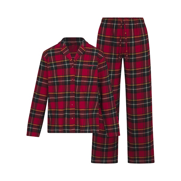 FLANNEL SLEEP LONG SLEEP SET | RED HOLIDAY PLAID FLAT ON A WHITE BACKGROUND | FLT