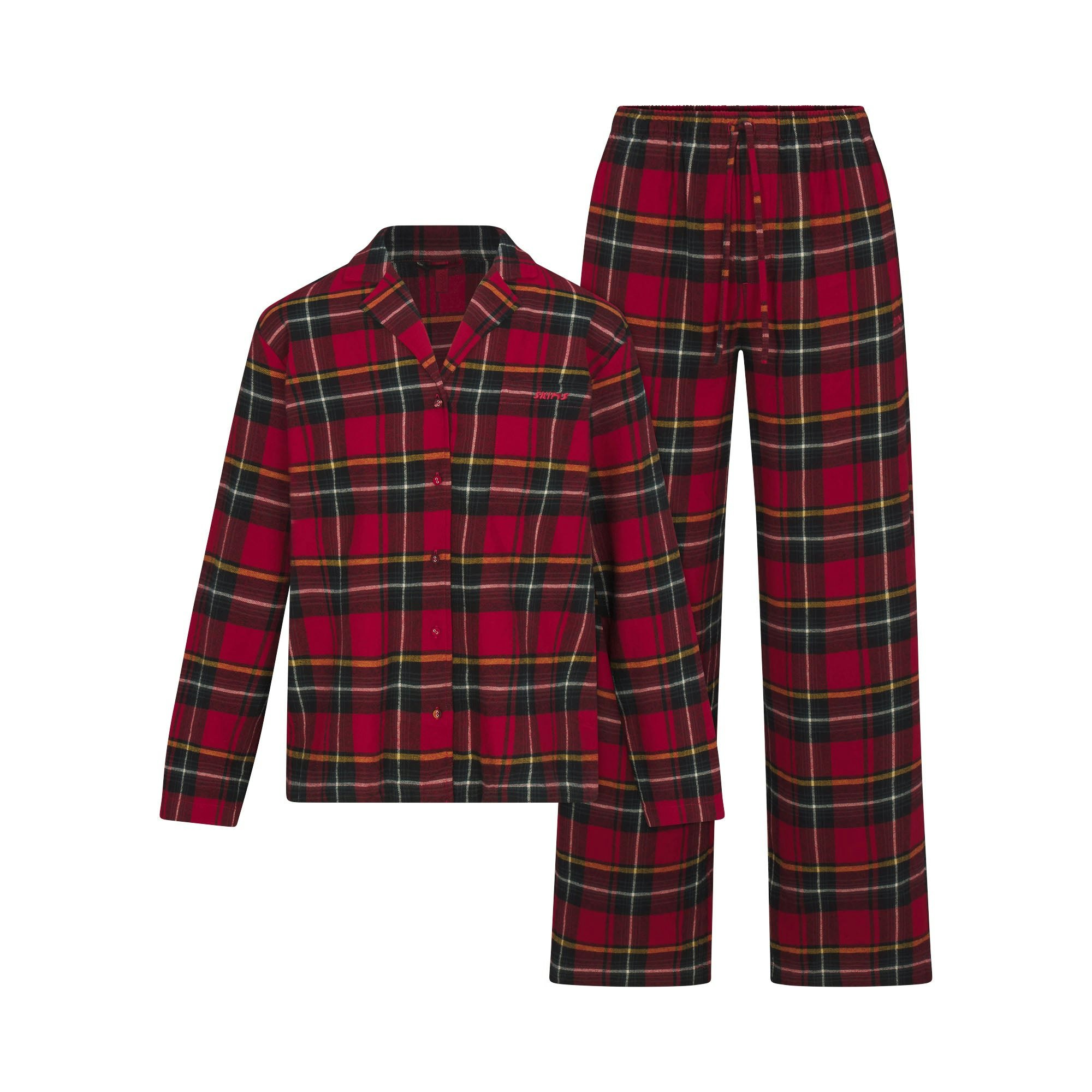 FLANNEL SLEEP LONG SLEEP SET | RED HOLIDAY PLAID FLAT ON A WHITE BACKGROUND | FLT