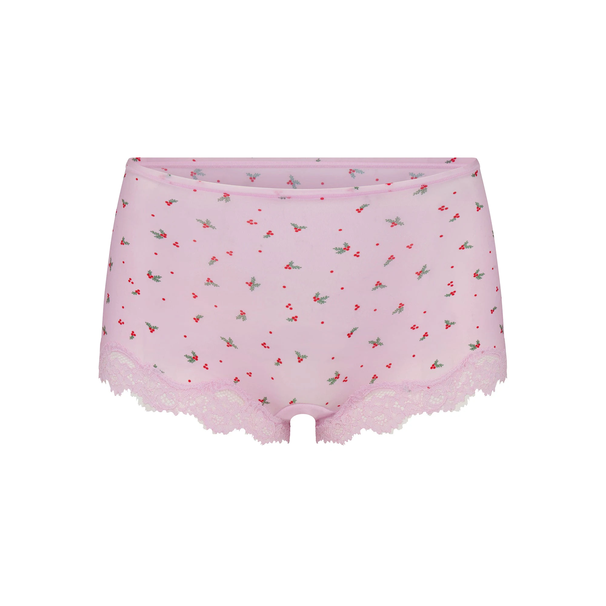 FITS EVERYBODY LACE TRIANGLE CAMI AND BOY SHORT SET | BABY PINK HOLLY PRINT ON A MODEL FRONT VIEW