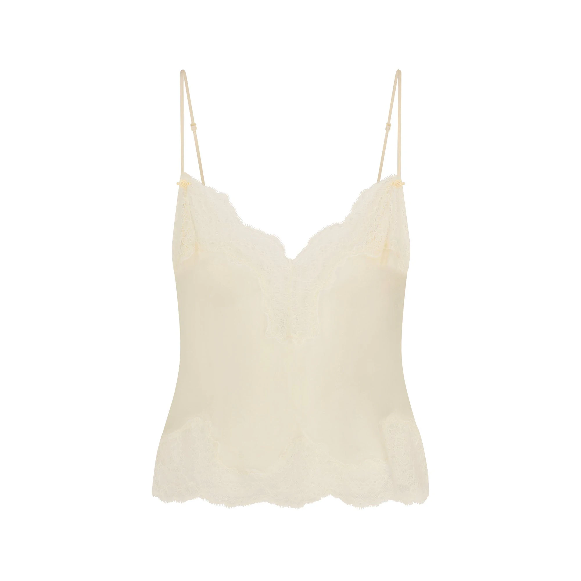 SKIMS ROMANCE LACE CAMI AND SHORT SET | BUTTER FLAT ON A WHITE BACKGROUND | FLT