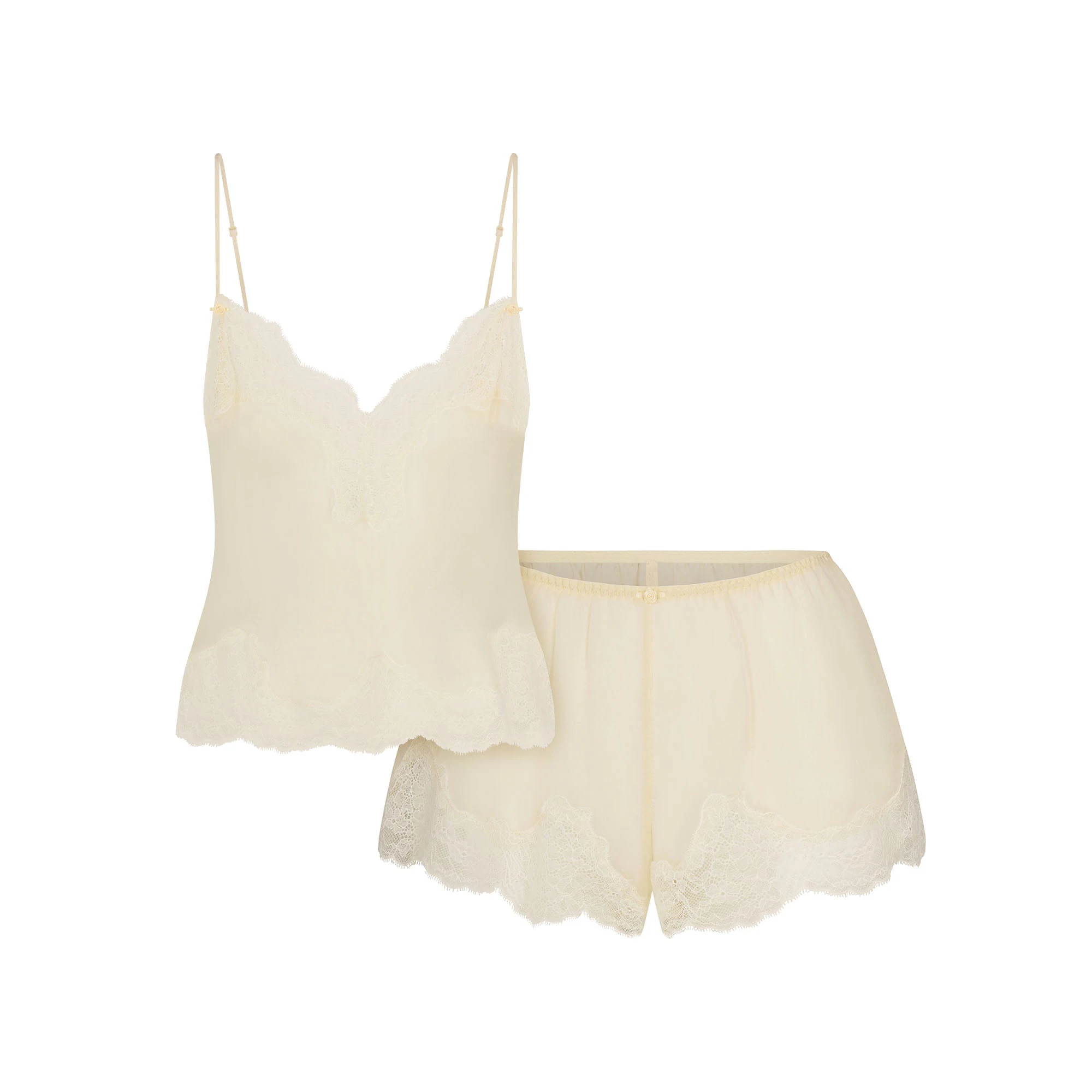 SKIMS ROMANCE LACE CAMI AND SHORT SET | BUTTER FLAT ON A WHITE BACKGROUND | FLT