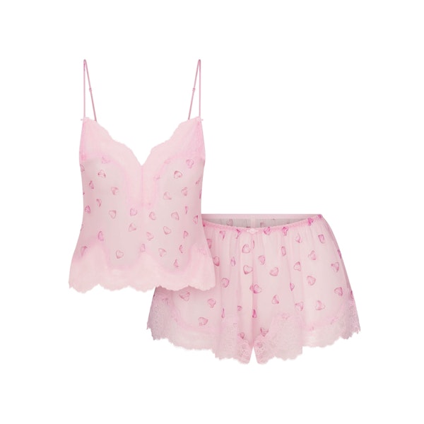 SKIMS ROMANCE LACE CAMI AND SHORT SET | CHERRY BLOSSOM BALLOON PRINT FLAT ON A WHITE BACKGROUND | FLT