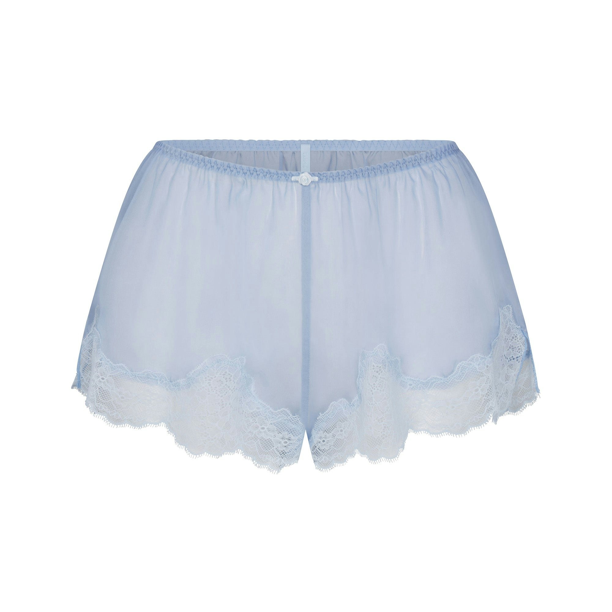 SKIMS ROMANCE LACE CAMI AND SHORT SET | GLACIER ON A MODEL FRONT VIEW