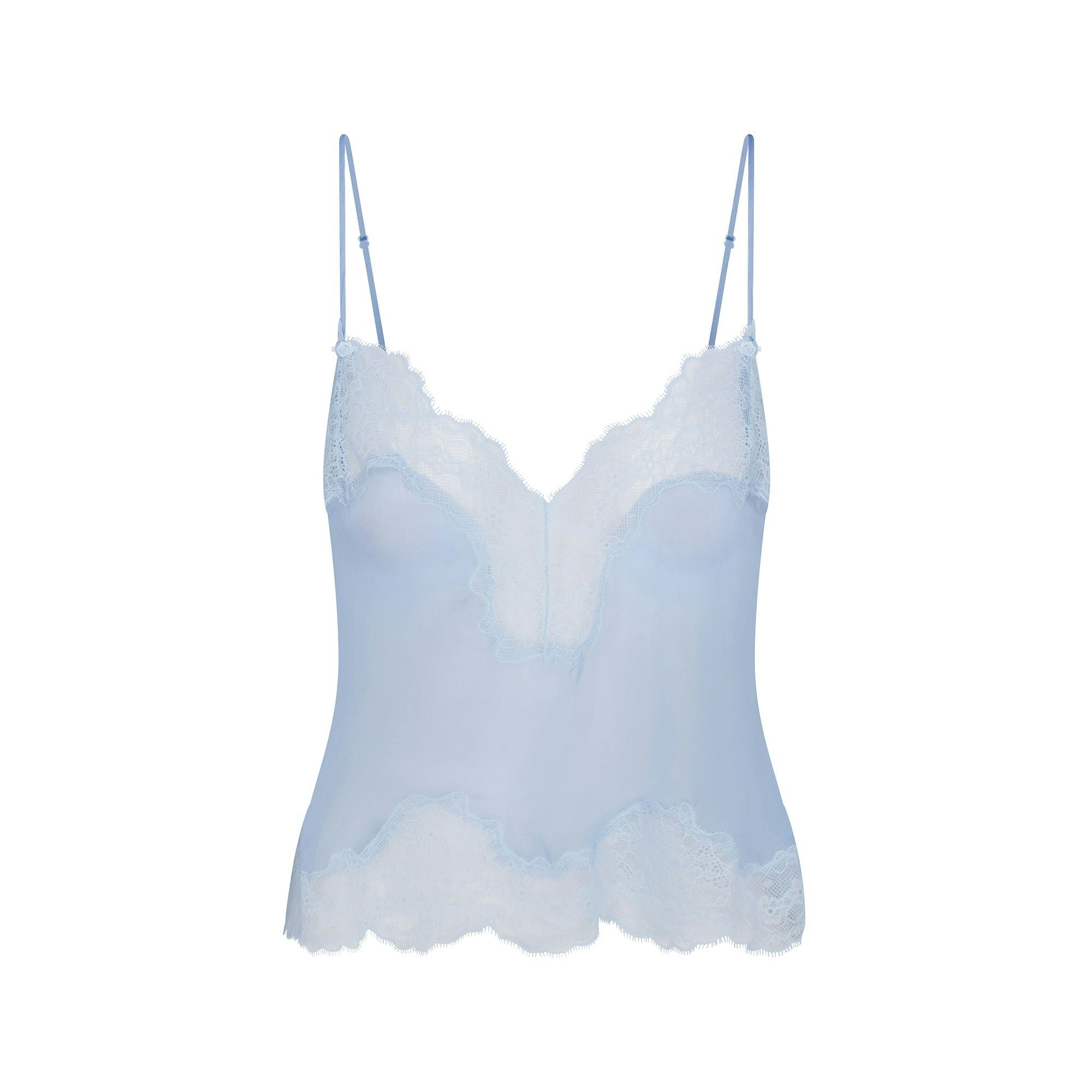 SKIMS ROMANCE LACE CAMI AND SHORT SET | GLACIER ON A MODEL FRONT VIEW